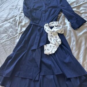 & Other Stories Navy Midi Dress with White Scarf